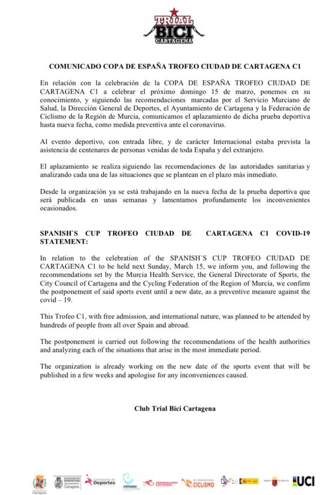 Comunicado Aplazamiento Copa De España Trial Trofeo Ciudad De Cartagena